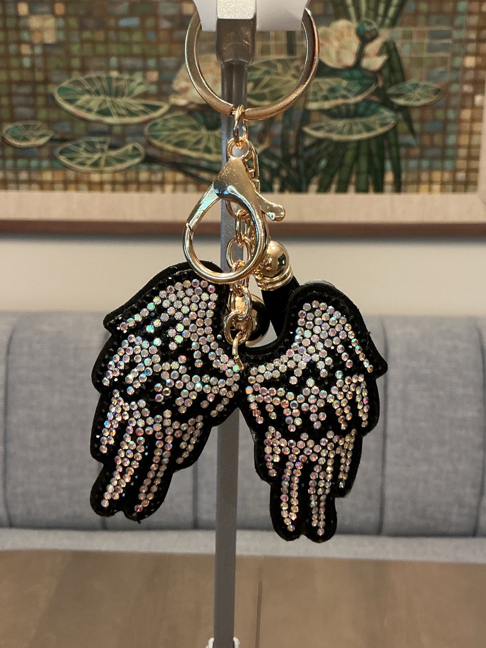 Sparkling Puffy Black Angel Wing Keychain with Gold Hardware NWT
